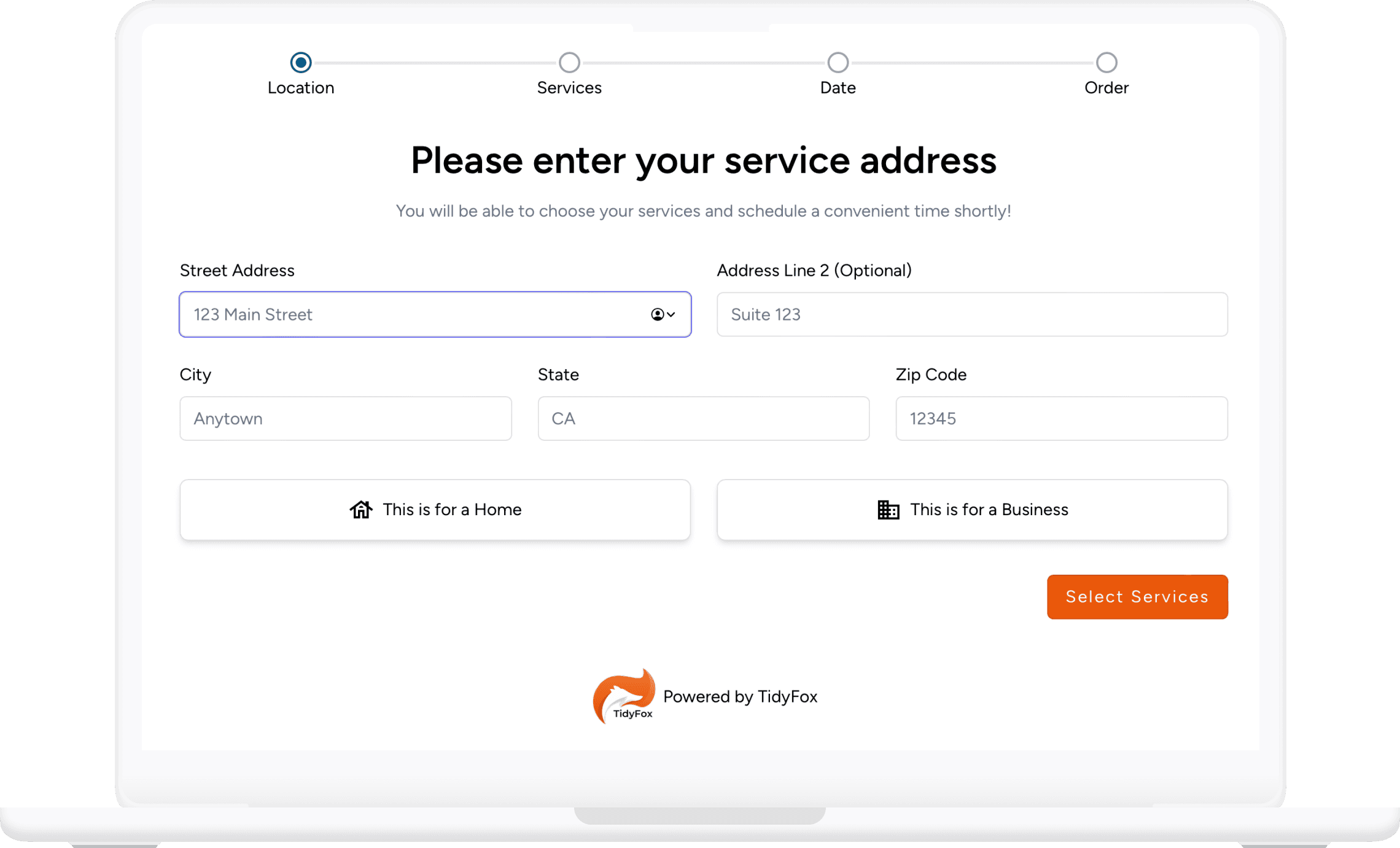 TidyFox booking interface showing address and service setup