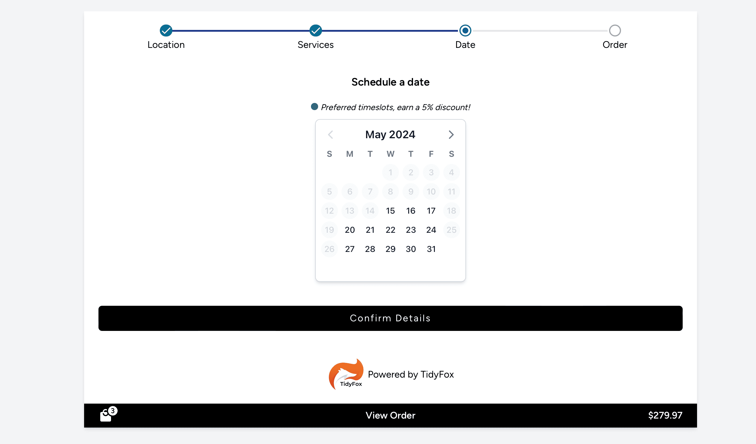 TidyFox booking flow on a wide interface showing date selection and confirmation